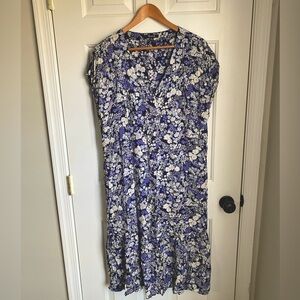 Madewell Navy Floral V Neck Midi Dress Button Front Size XL